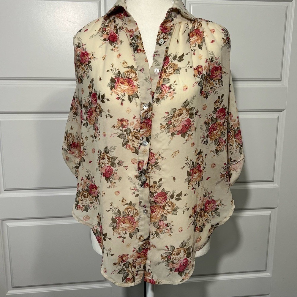 Akualani Floral Print Sheer Button Down Shirt Romantic Blouse Flowy Top Medium